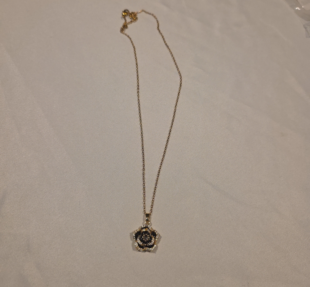 Gold-Tone Black Rose Pendant Necklace for Women